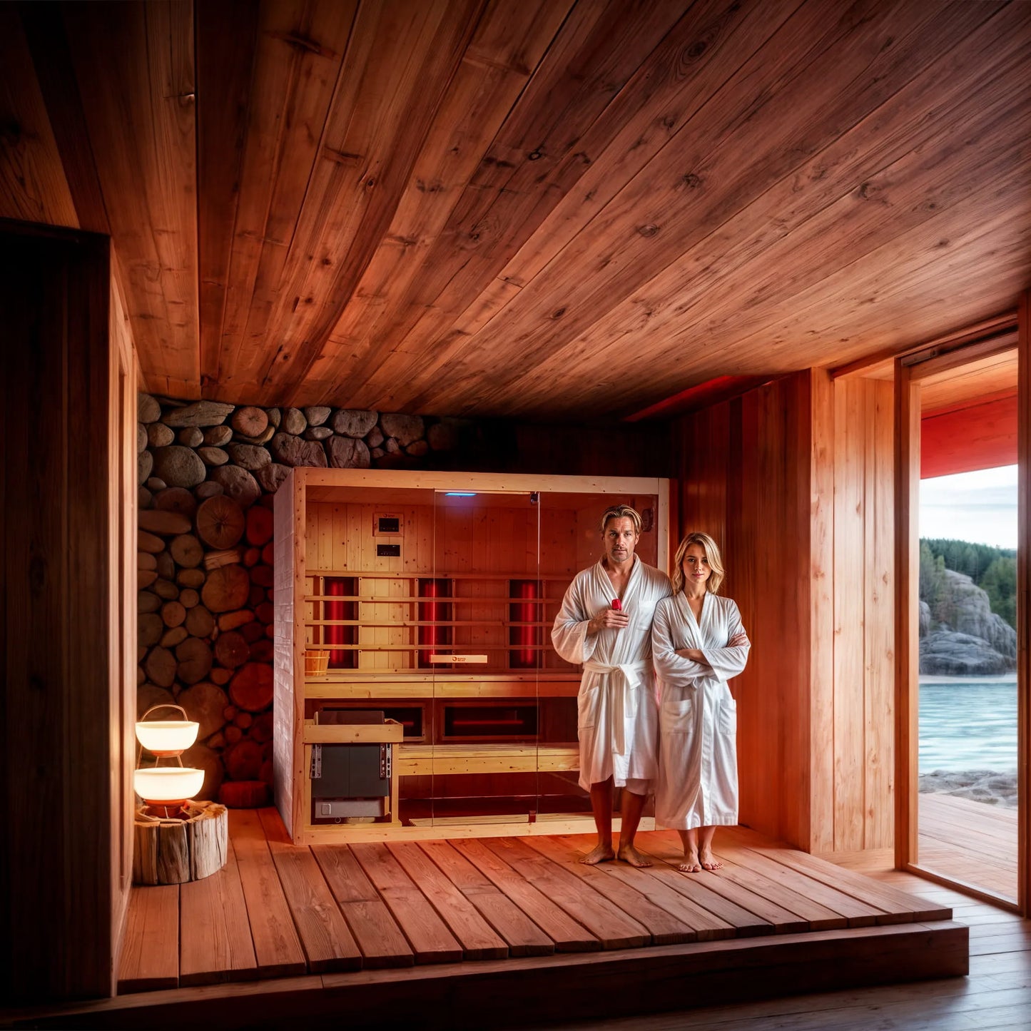 Two people in white robes standing in a wooden sauna with a scenic view outside.