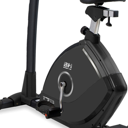 Black exercise bike with 'BH' branding on a white background