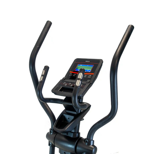 Close-up of a black cross trainer machine with a digital display on a white background