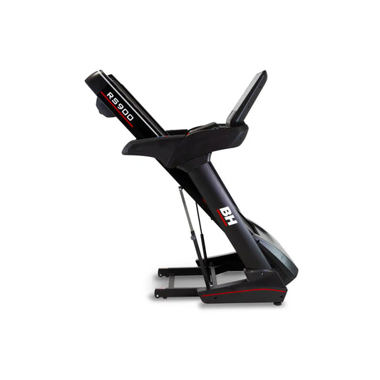 Black folded treadmill with 'BH' branding on a white background