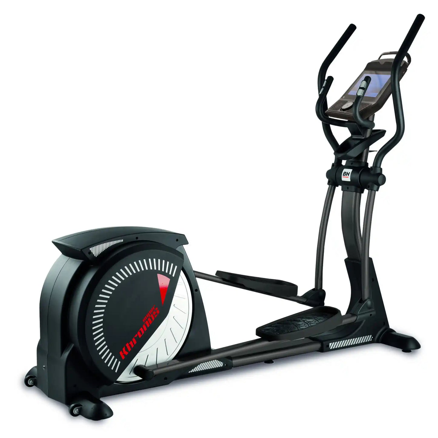 Cross trainer with digital multimedia display on a white background