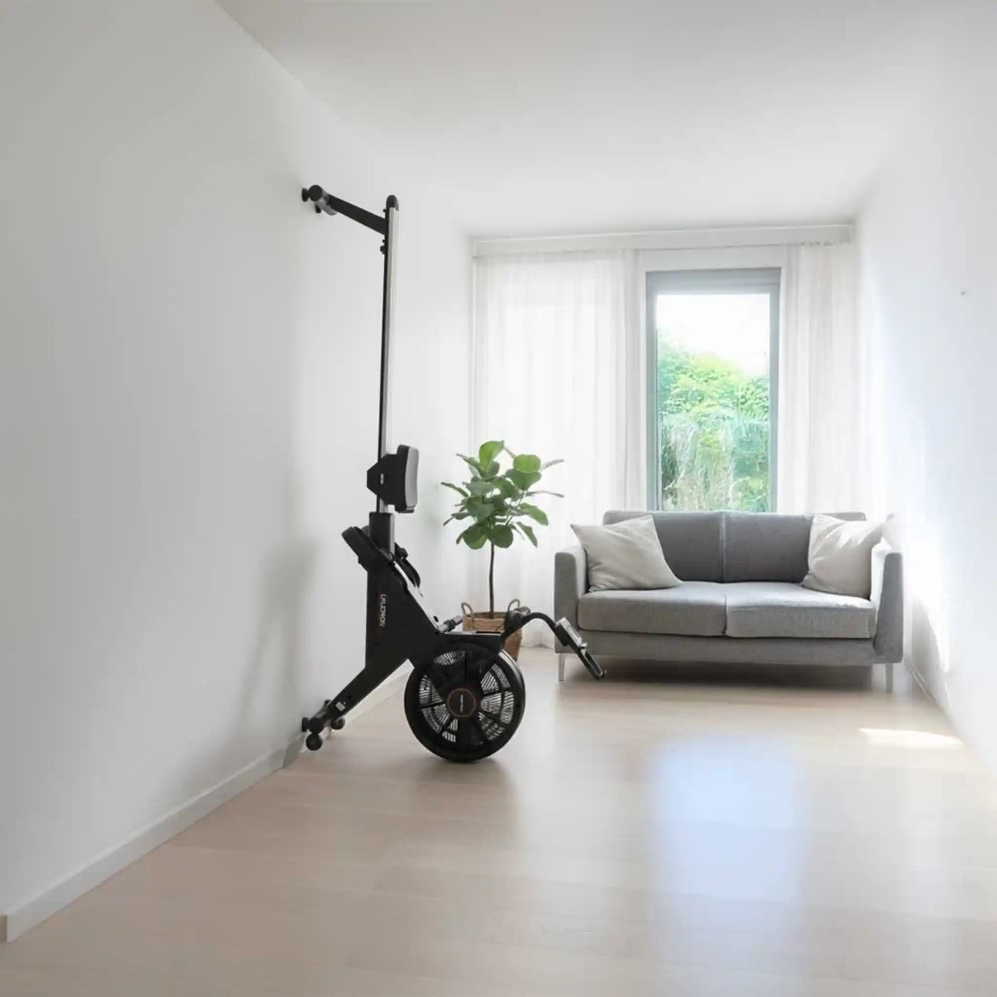 Modern living room with a gray sofa, plant, and black rowing machine against a white wall.