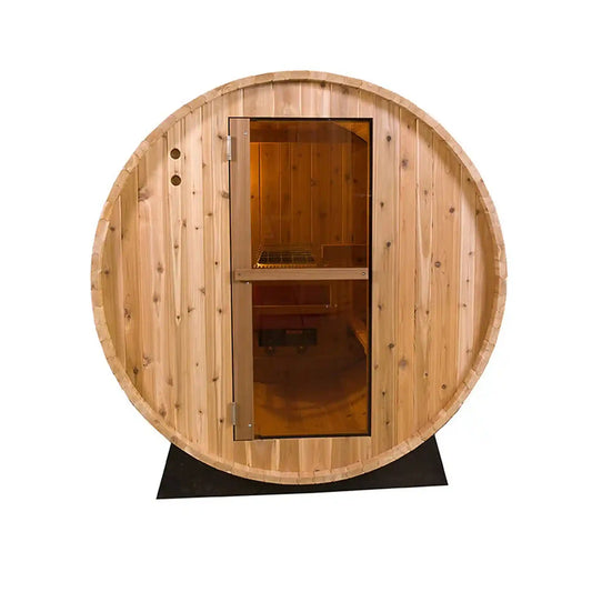 Wooden barrel-shaped sauna with a glass door on a white background
