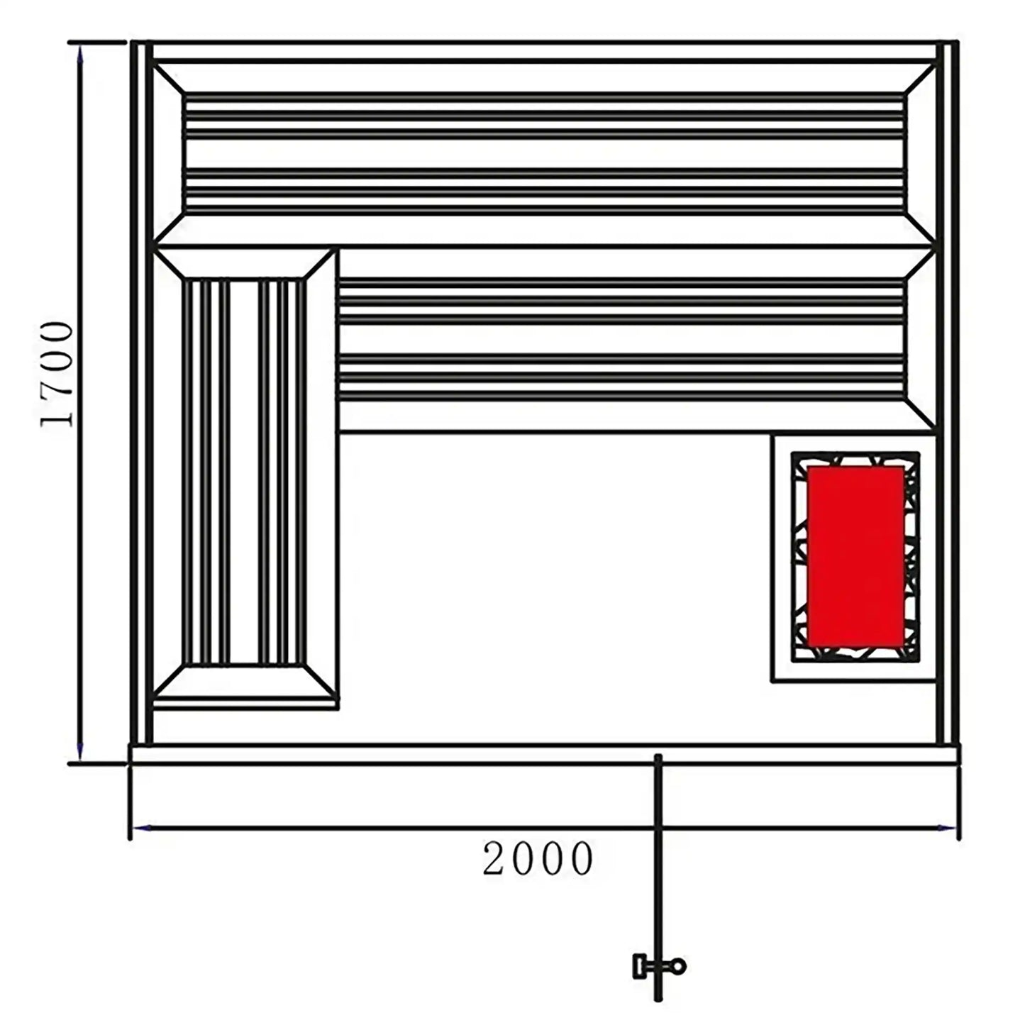 Drawing of aerial view of inside of sauna with external dimensions