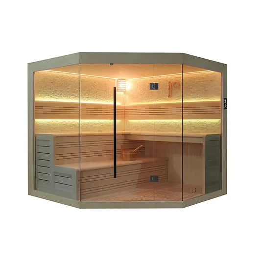 Corner sauna with glass front on a white background