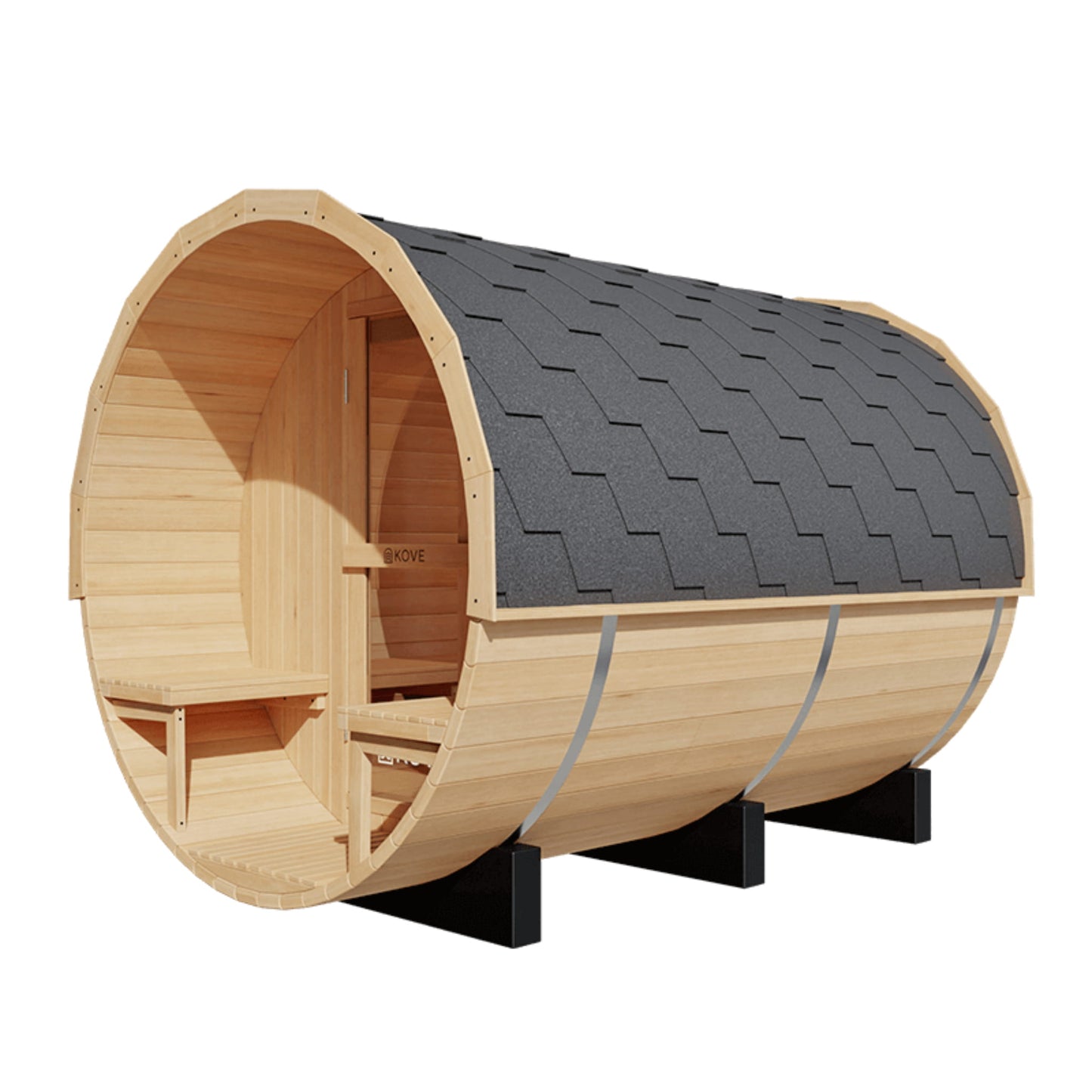 Wooden barrel-shaped sauna with a gray roof on a white background