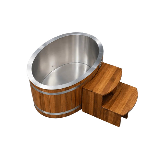 Aerial view of a wooden KOVE Oval Ice Bath on a white background