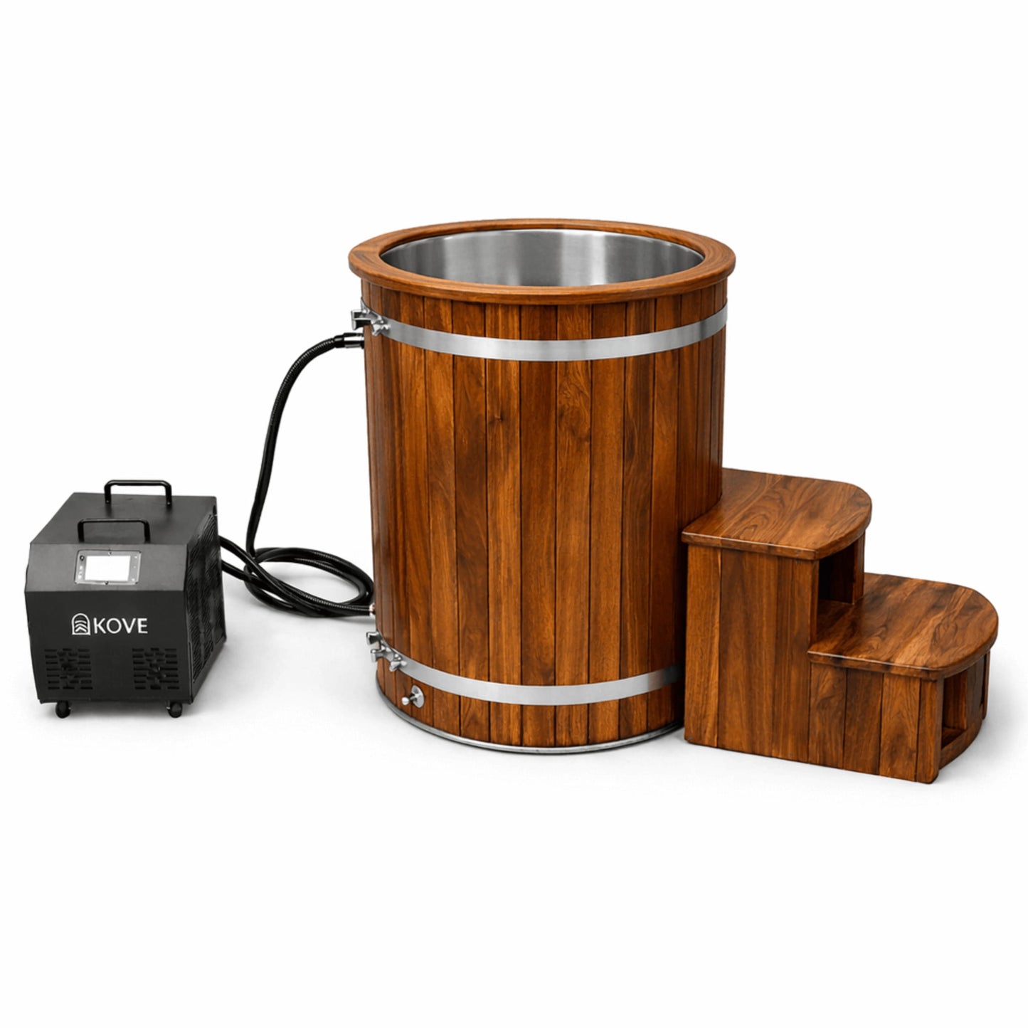 Wooden barrel-style ice bath with Kove ice bath chiller on a white background