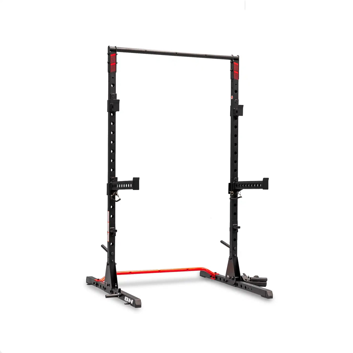 Black and red power rack on a white background