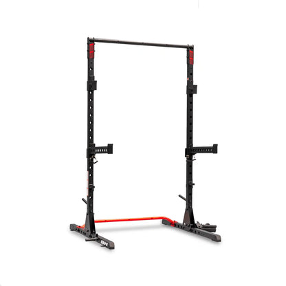 Black and red power rack on a white background