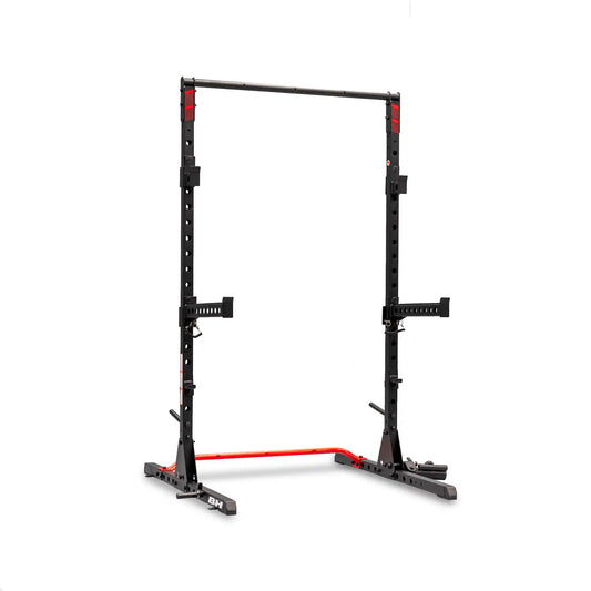 Black and red power rack on a white background