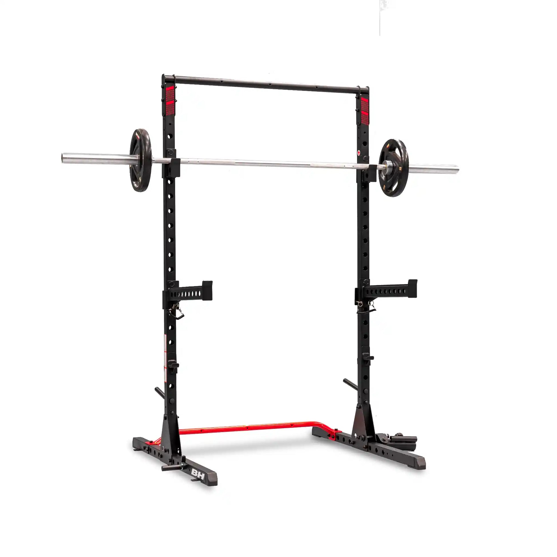 Black and red power rack with barbell and weights on a white background