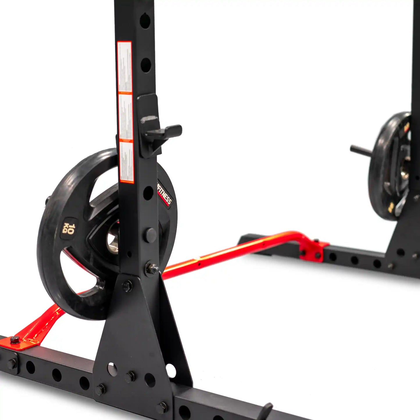 Close up of legs and support on power rack on a white background