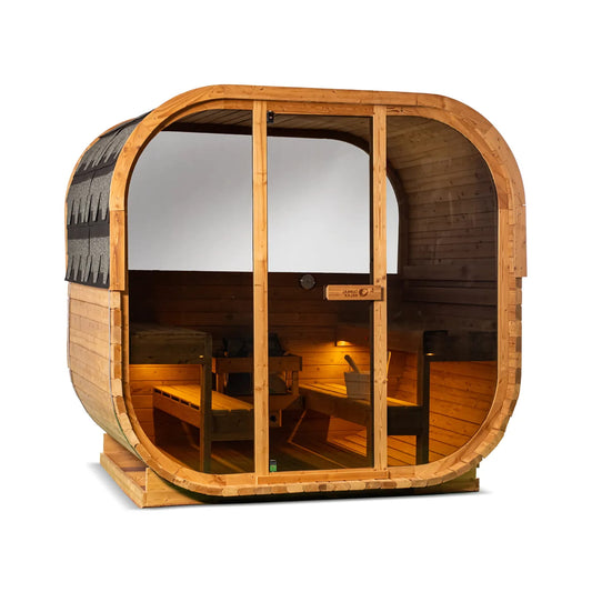 Wooden sauna with glass doors on a white background