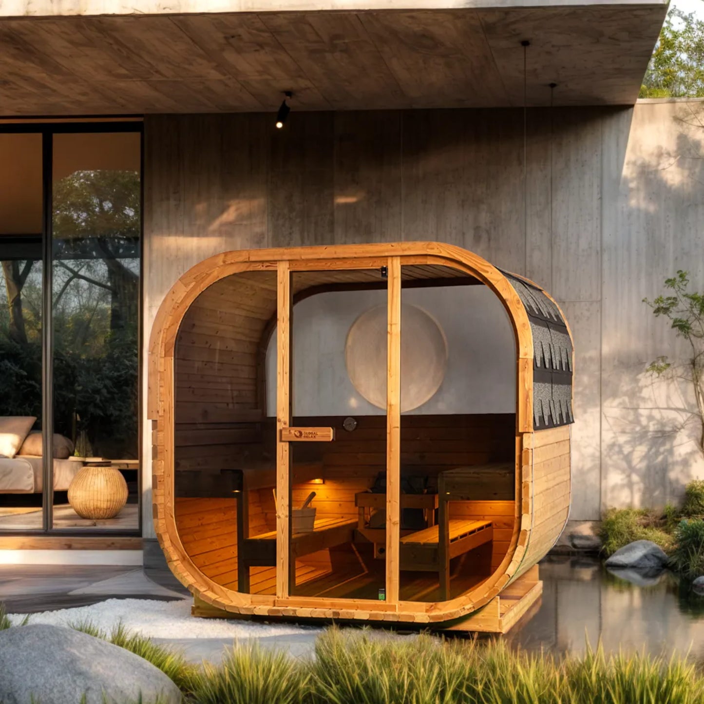 Wooden sauna pod in a modern outdoor setting with concrete walls and large windows.