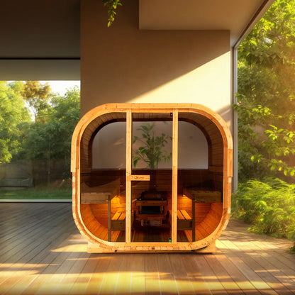 Wooden sauna pod on a patio with greenery in the background
