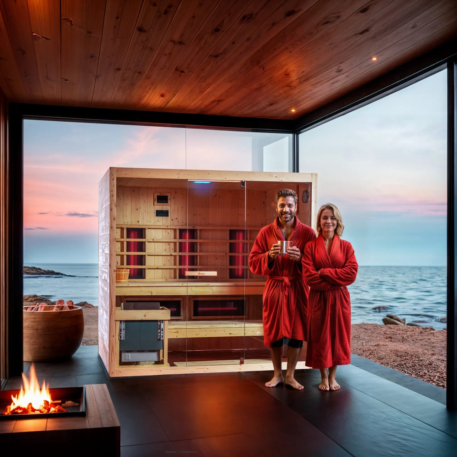 Two people in red robes standing in a sauna with a scenic view of water and sky.