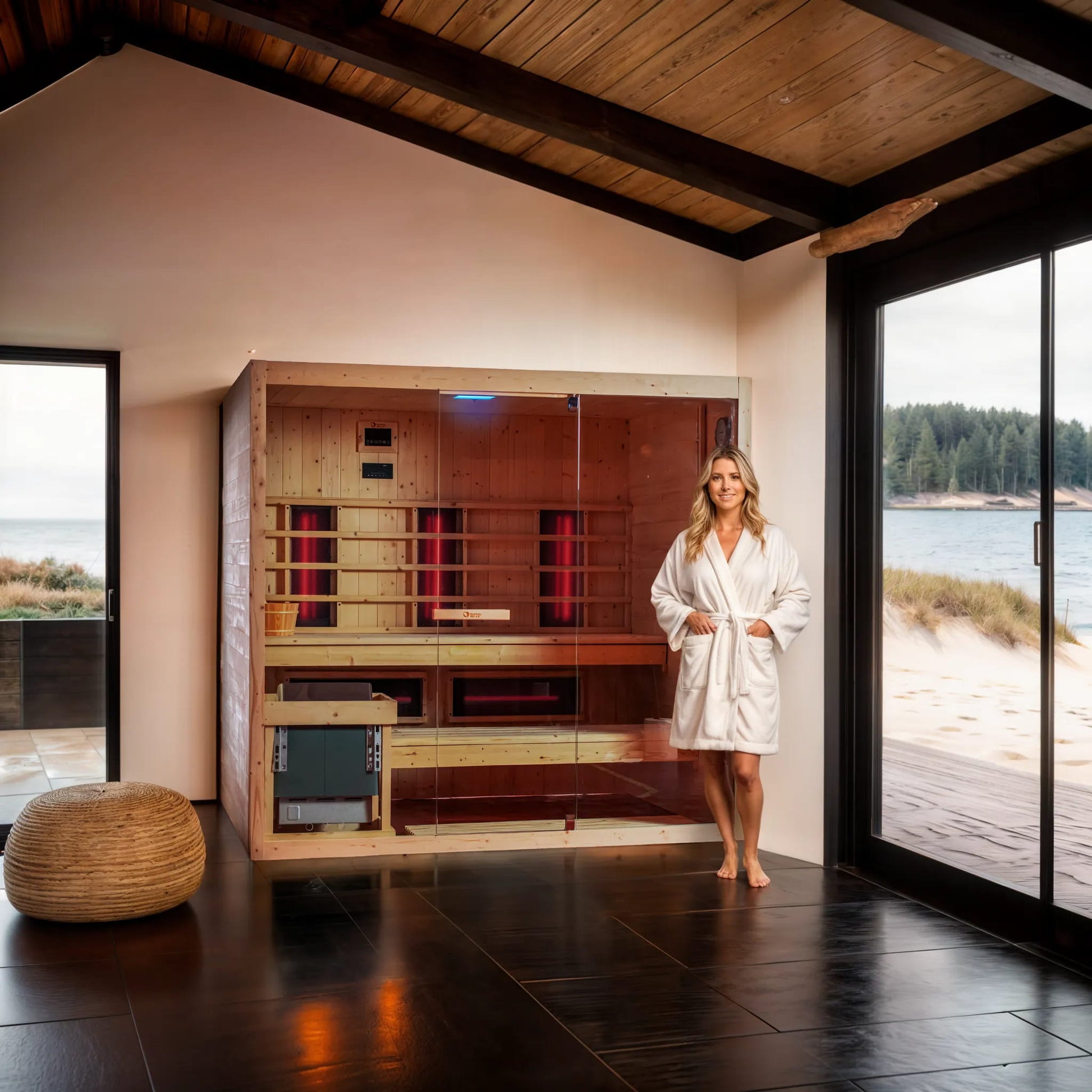 Lady stood outside of sauna