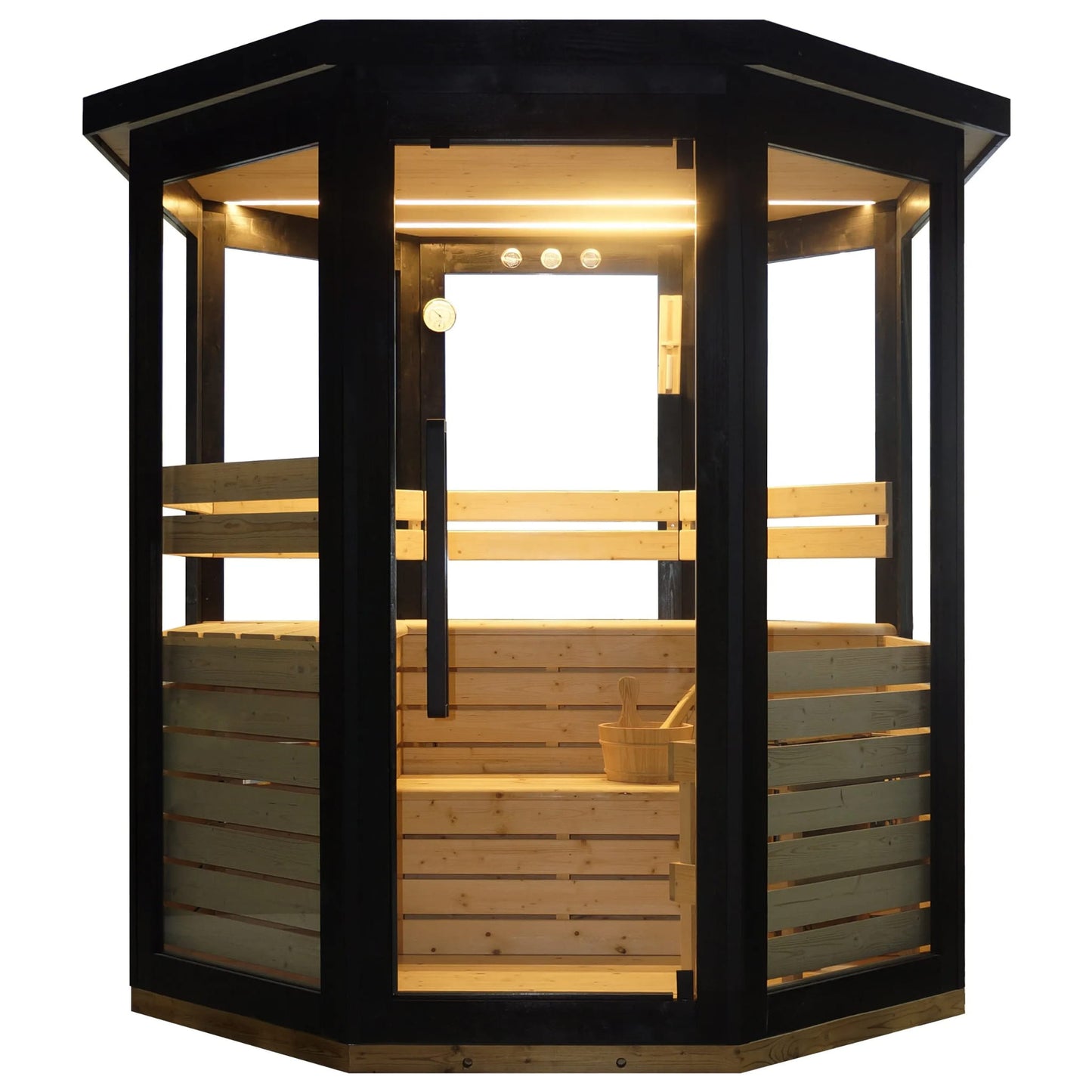Hexagonal outdoor sauna with wooden interior and black exterior on a white background