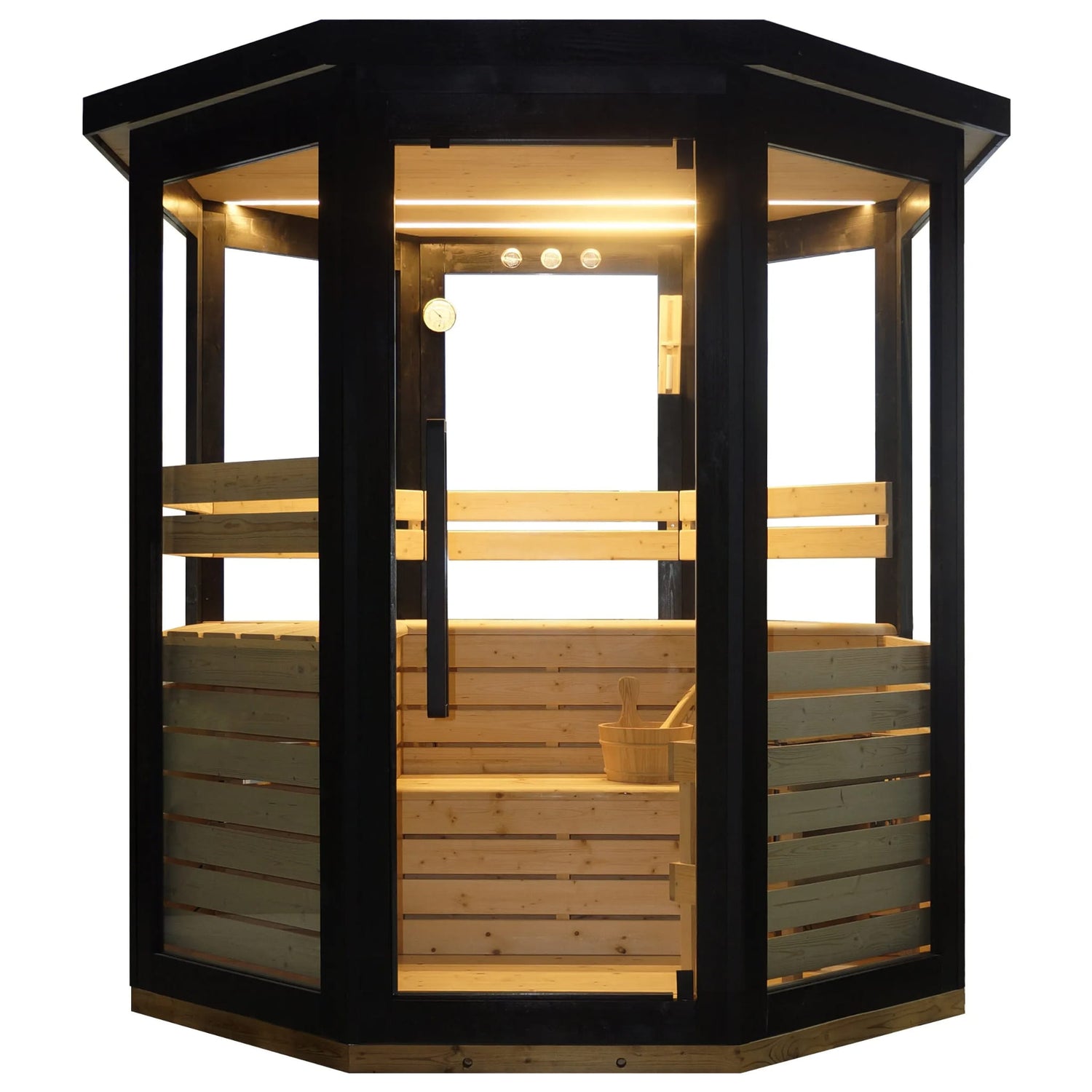 Hexagonal outdoor sauna with wooden interior and black exterior on a white background