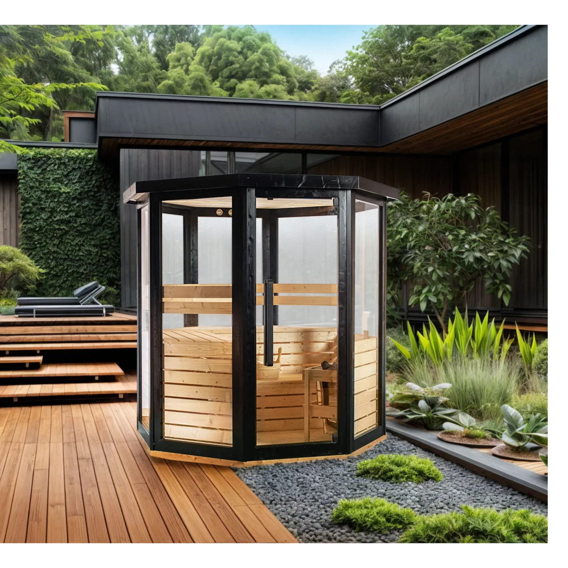 Outdoor hot tub with wooden interior and black exterior in a garden setting.