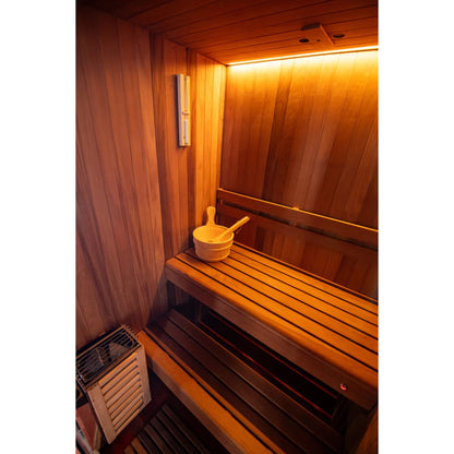 Wooden sauna with a bench and a stove