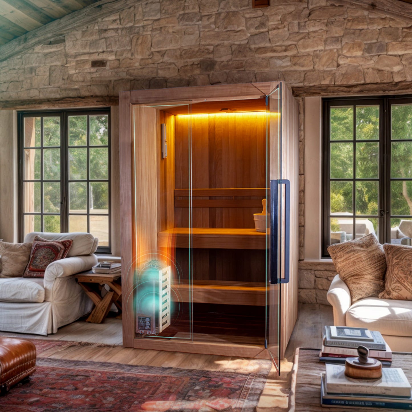 Infrared sauna in a cozy living room with stone walls and large windows.