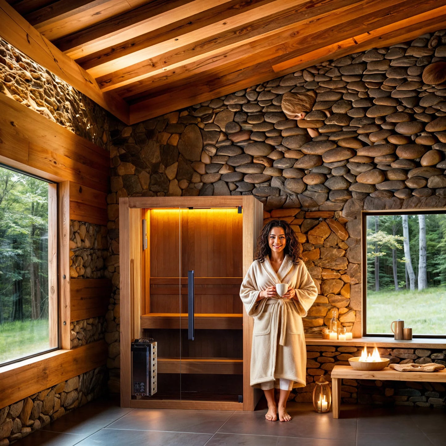 Woman in a robe standing in a modern sauna with stone walls and wooden beams.