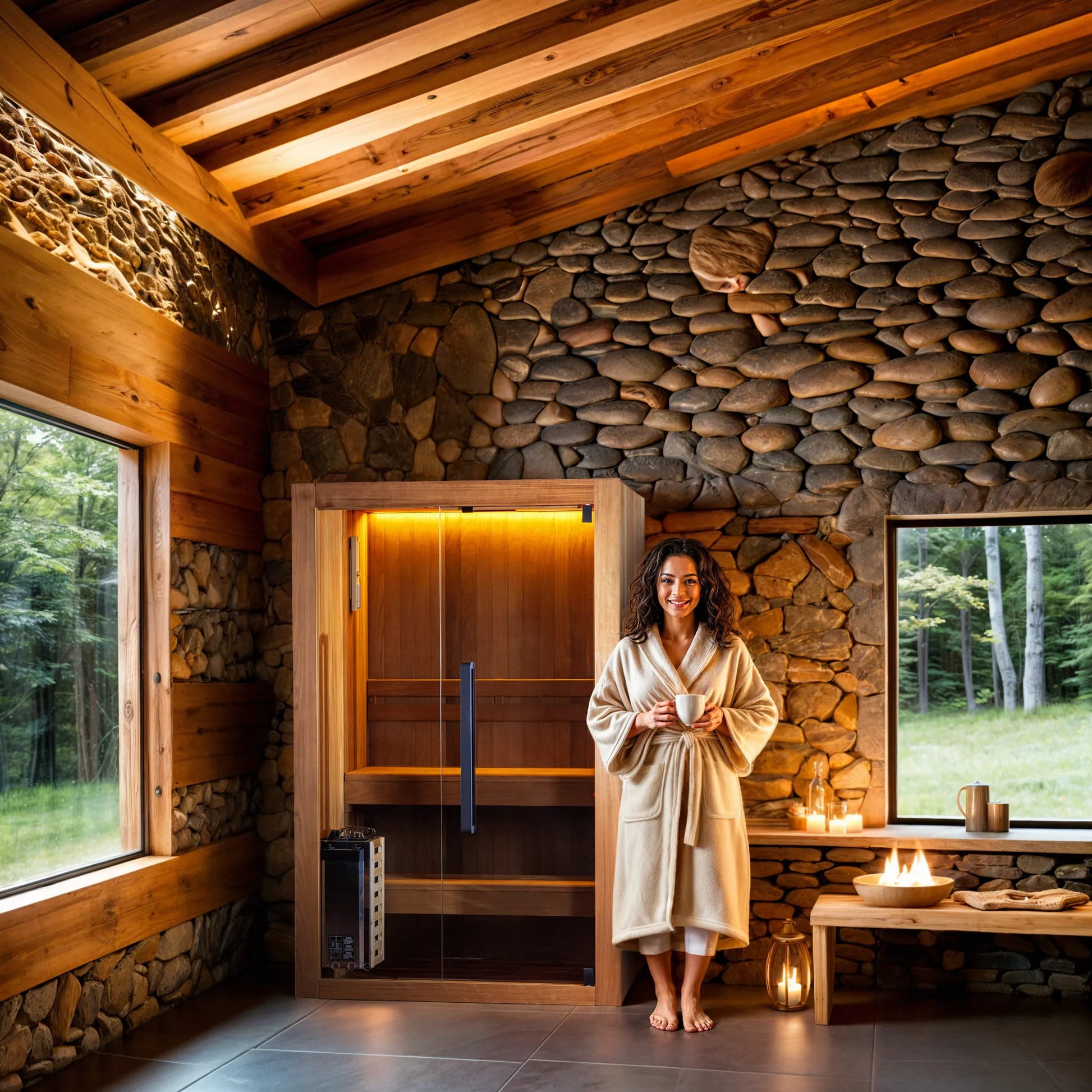 Woman in a robe standing in a modern sauna with stone walls and wooden beams.