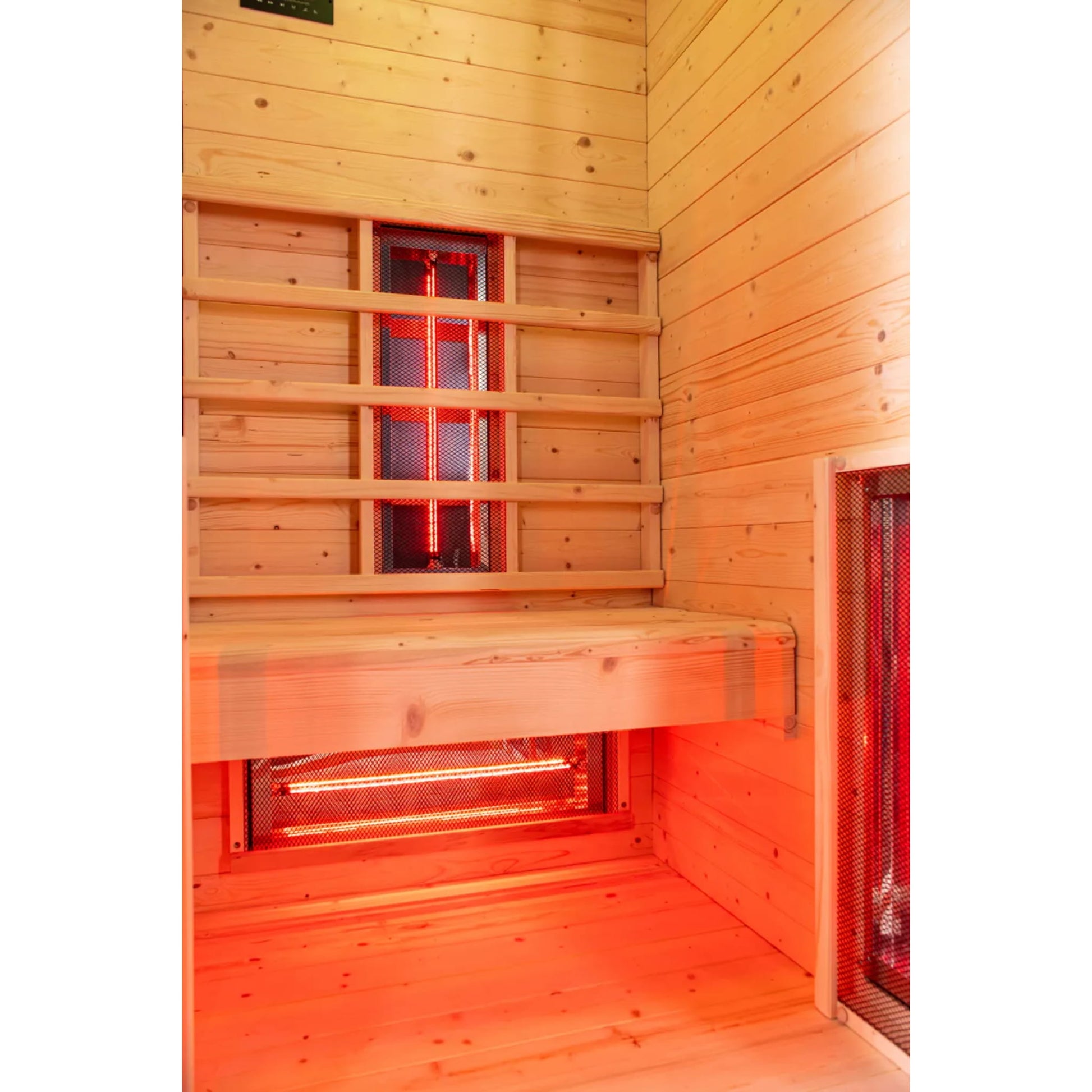 Bench and lights inside a sauna