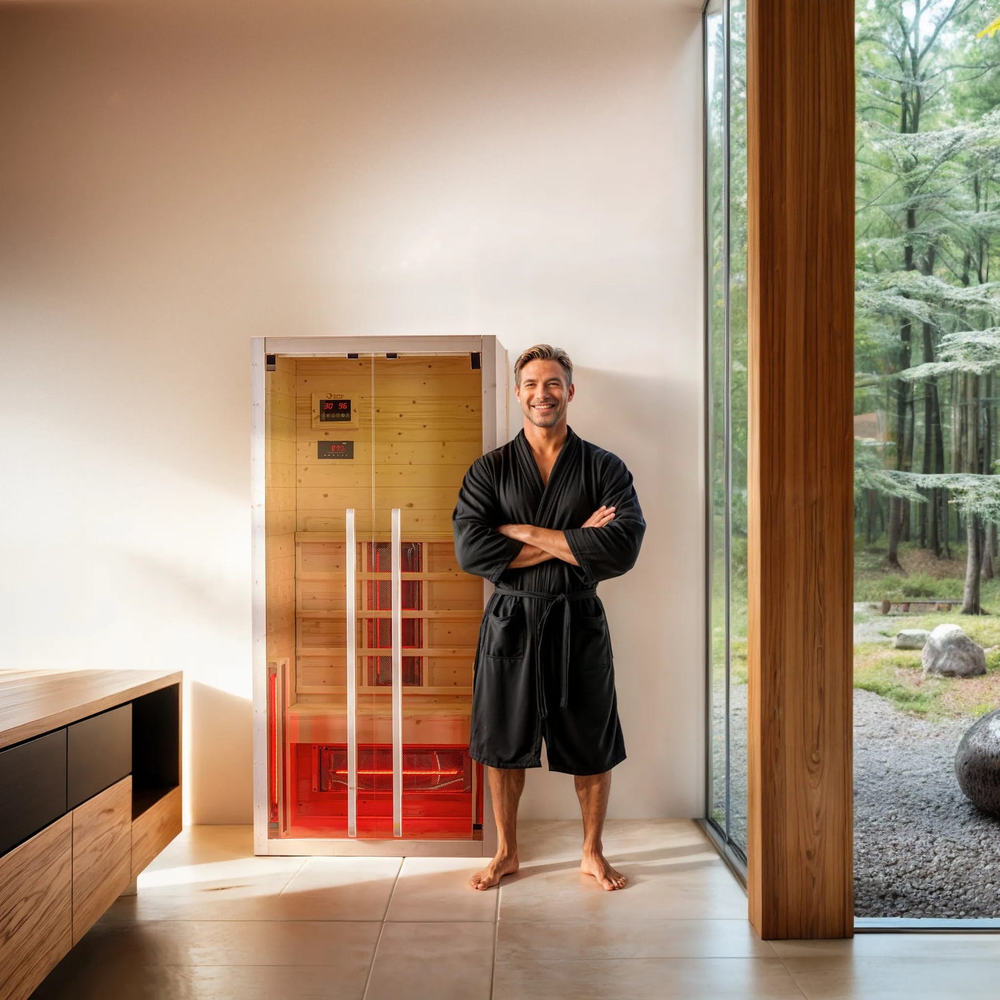 Sauna in room with man standing in front of it