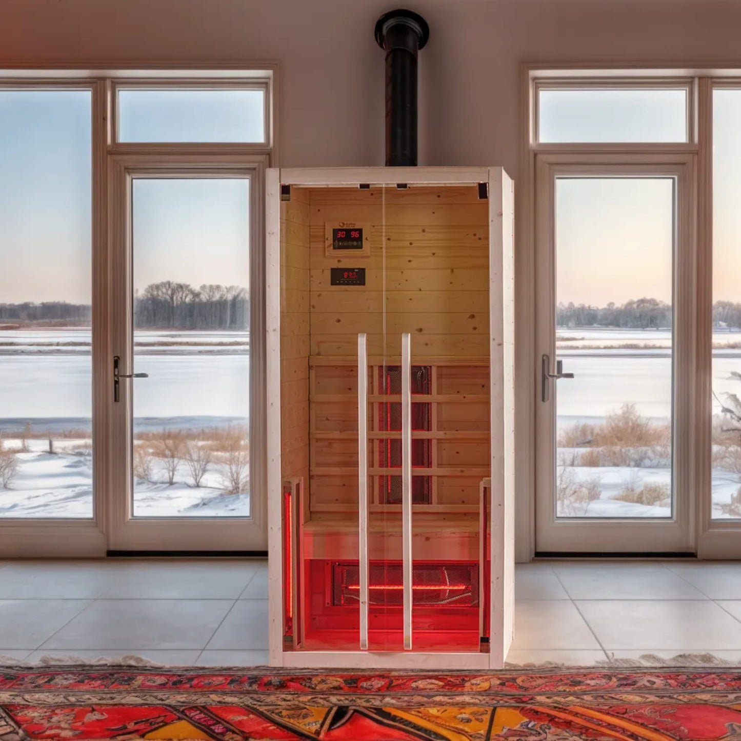 Sauna in room with snowy landscape outside the window