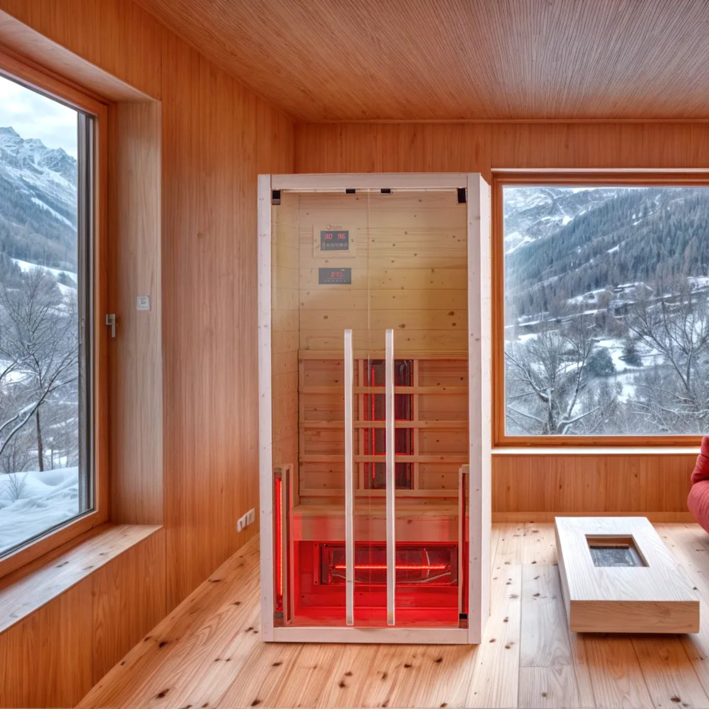 Wooden walled room with sauna and snowy outlook. 