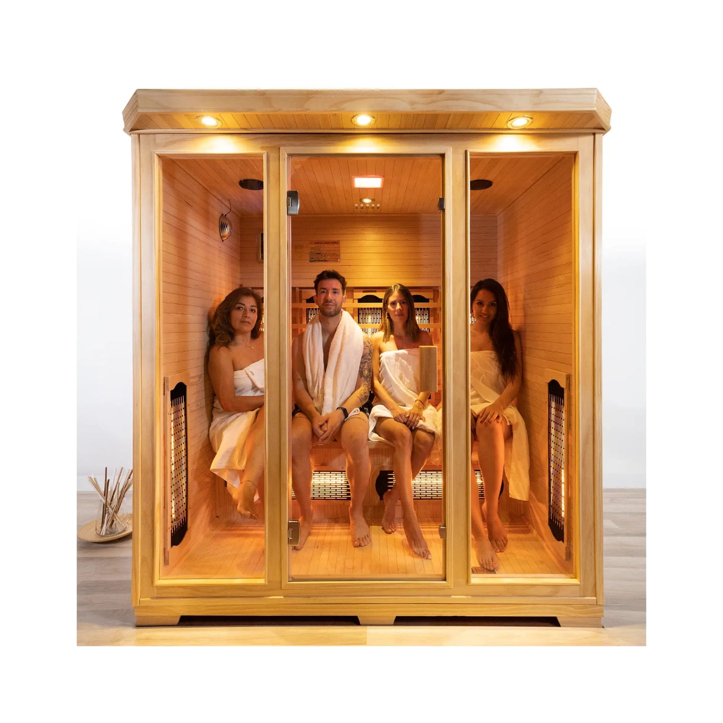 4 people sitting in a Sauna