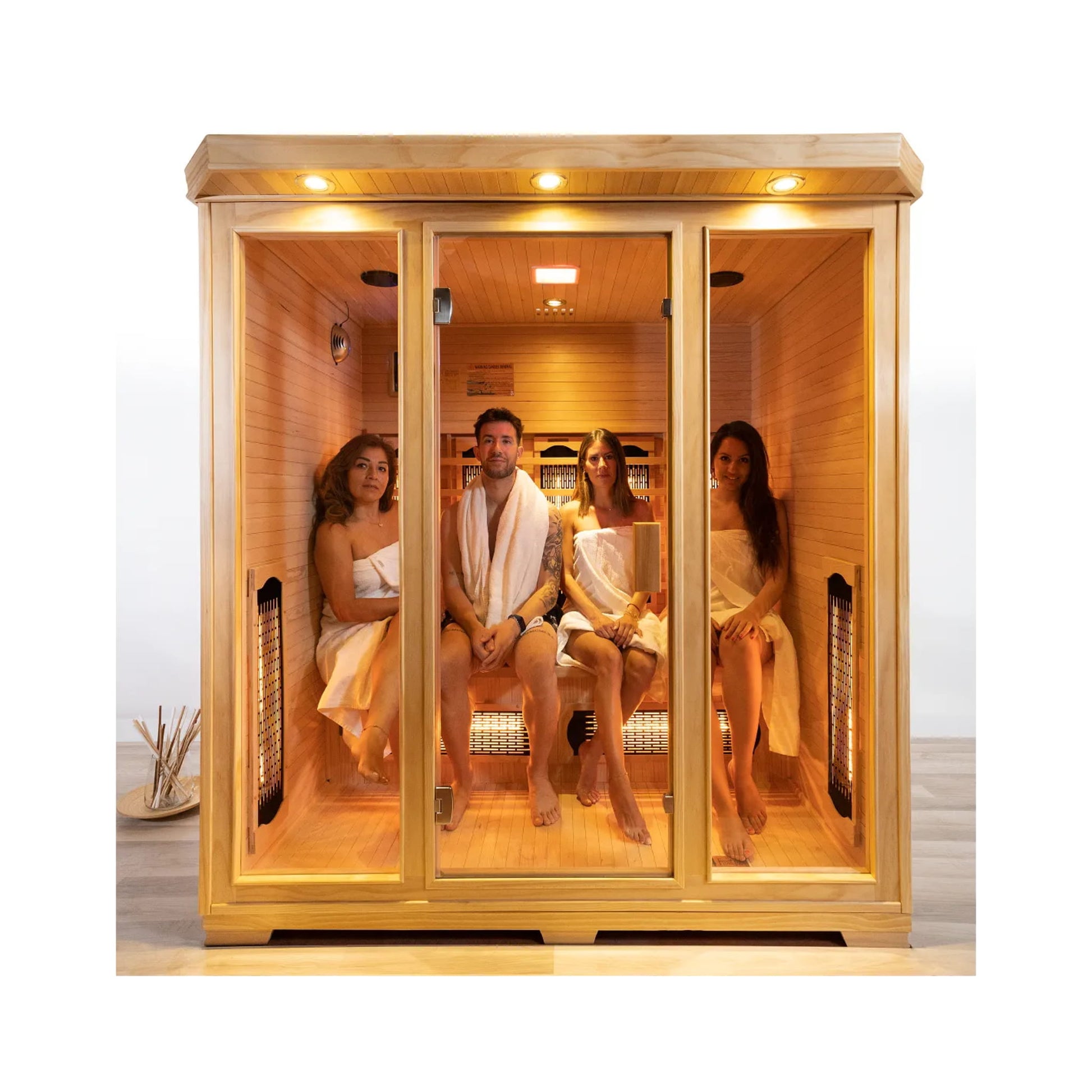 4 people sitting in a Sauna