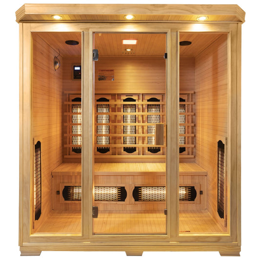 DHARANI S4 PLUS indoor sauna front image with lights on and white background