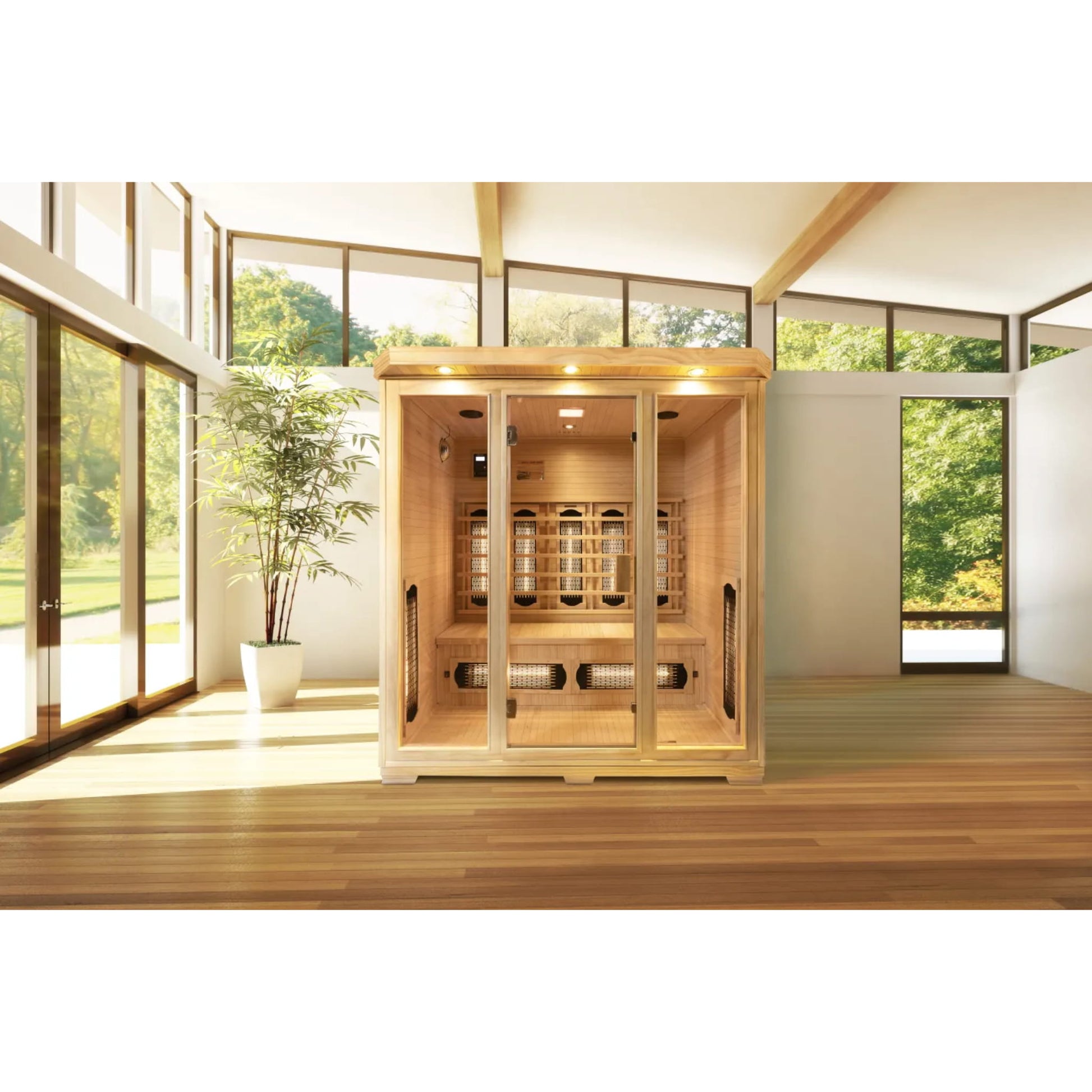 Wooden sauna inside large white room 