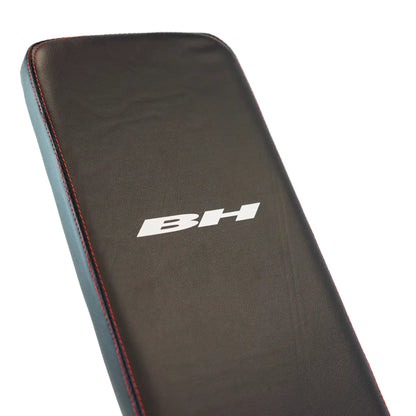 Back support with BH branding on a weight bench