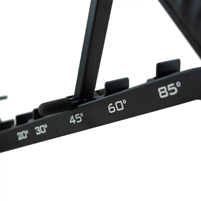 Frame of black weight bench showing degrees of angles it can be set at. 