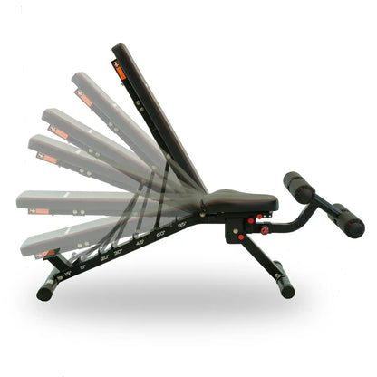 Black weight bench showing difference angles it can be positioned