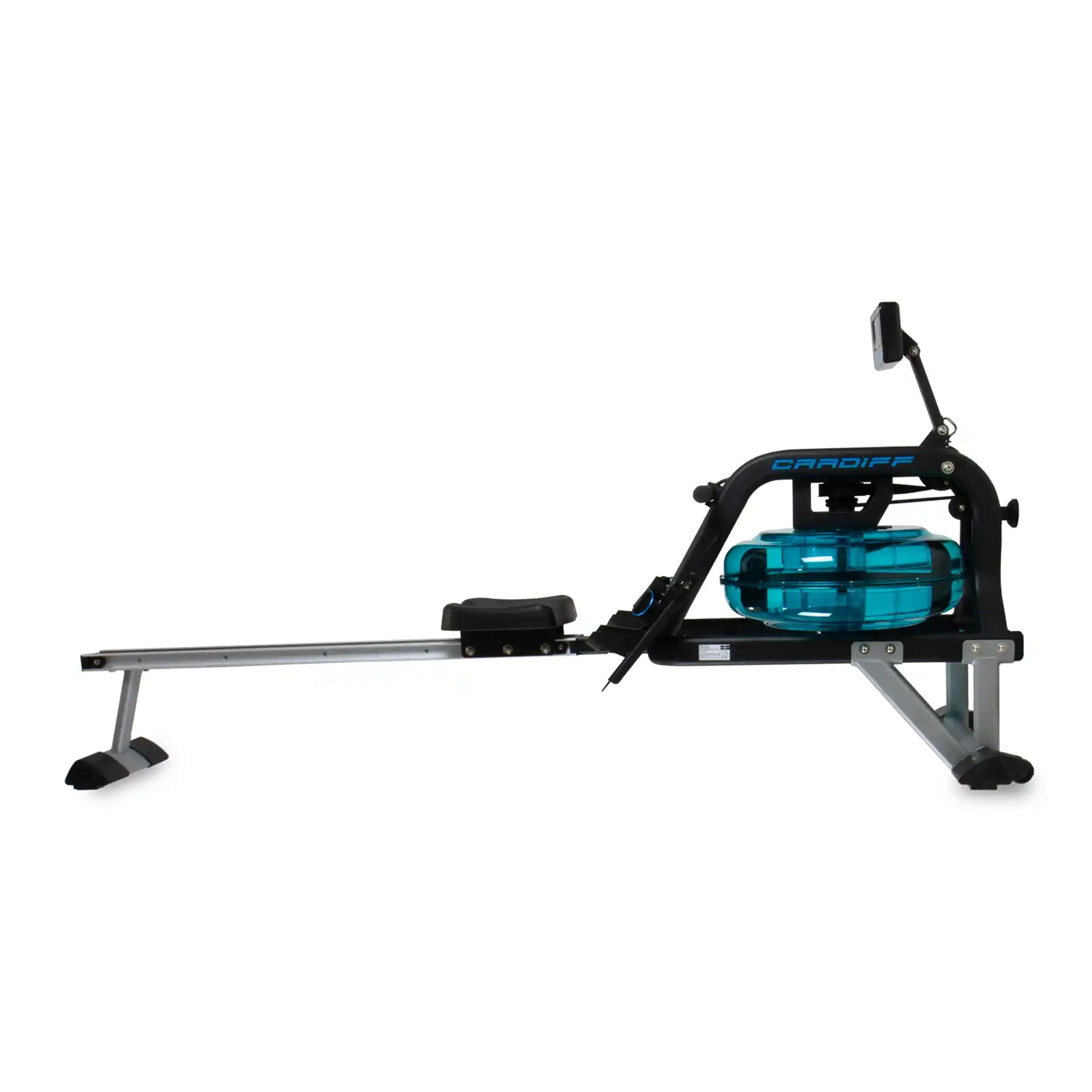 Rowing machine with a blue water rowing system on a white background
