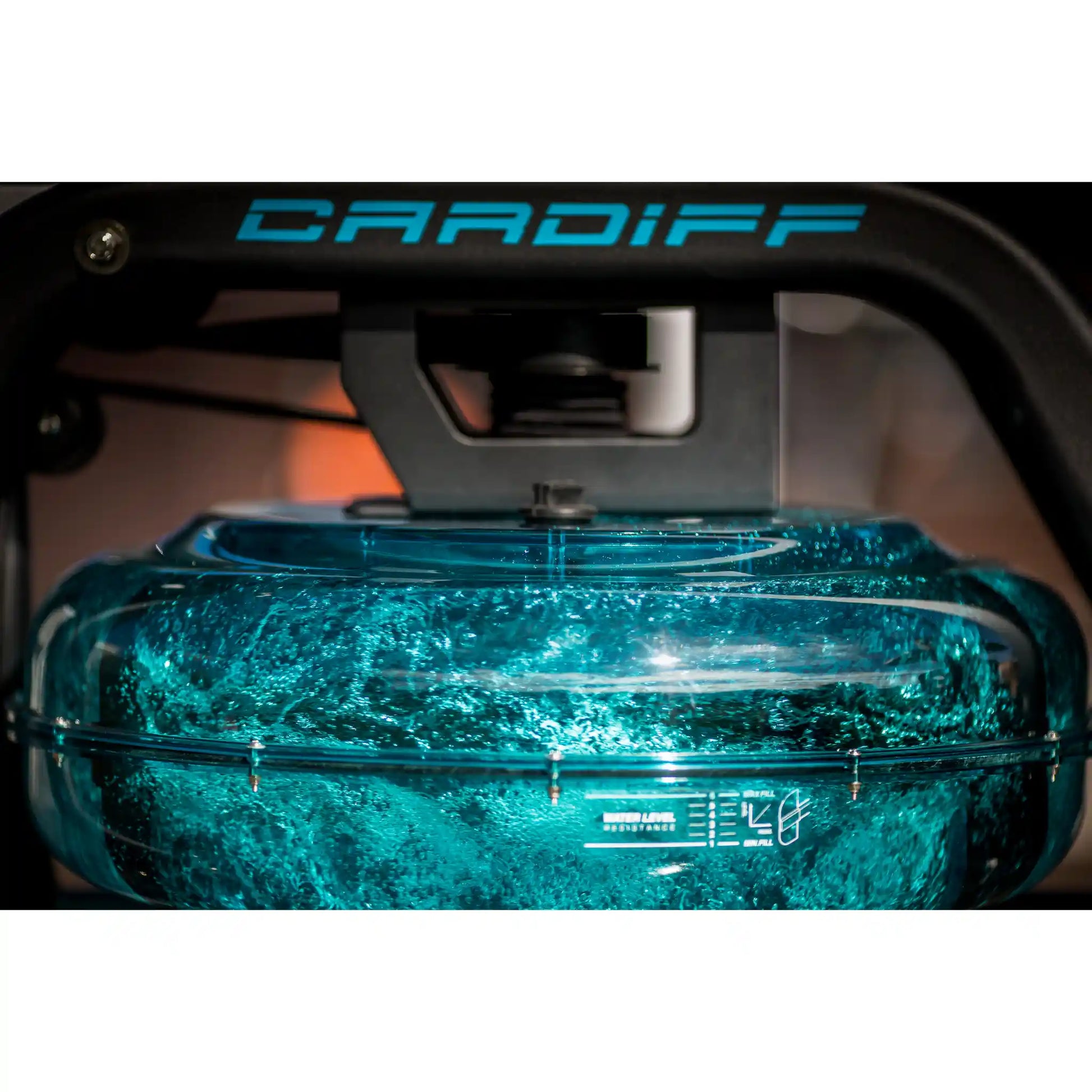 Close-up of a blue water barrel with 'Cardiff' branding on a dark background