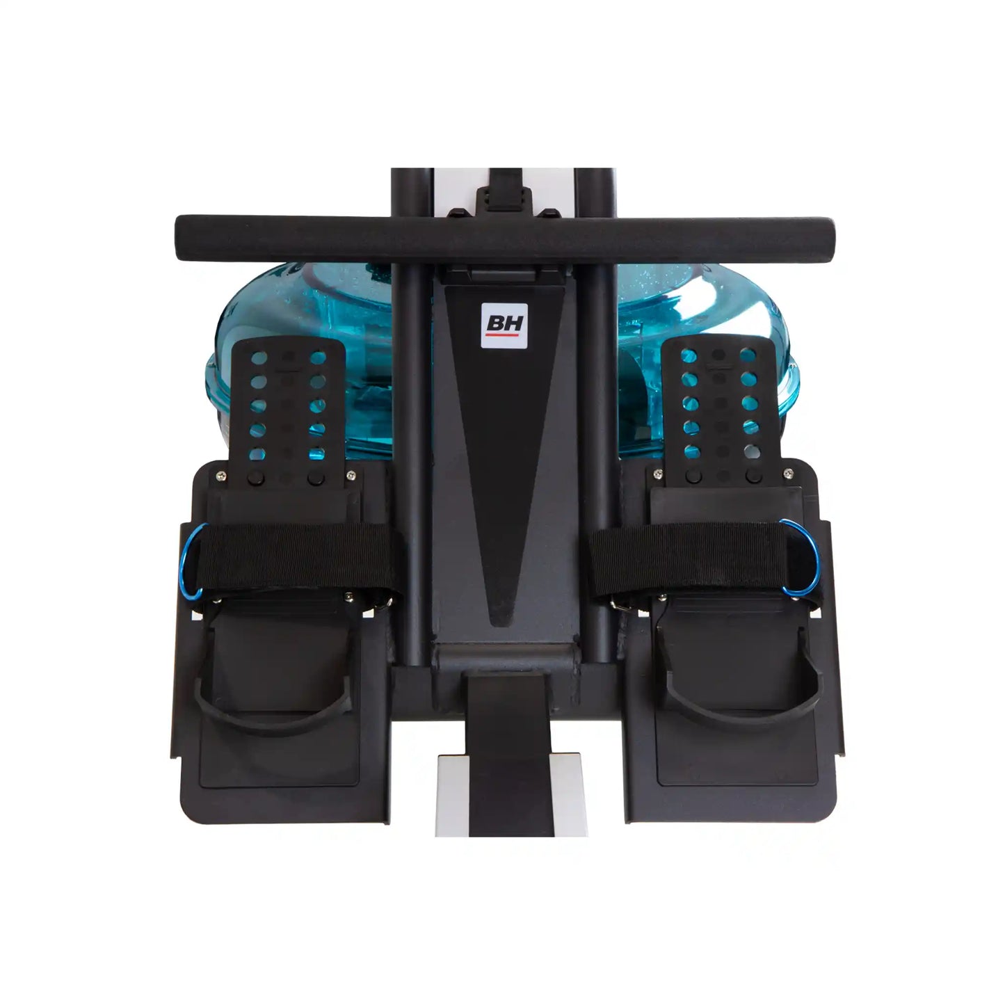 Black and blue rowing machine with 'BH' branding on a white background