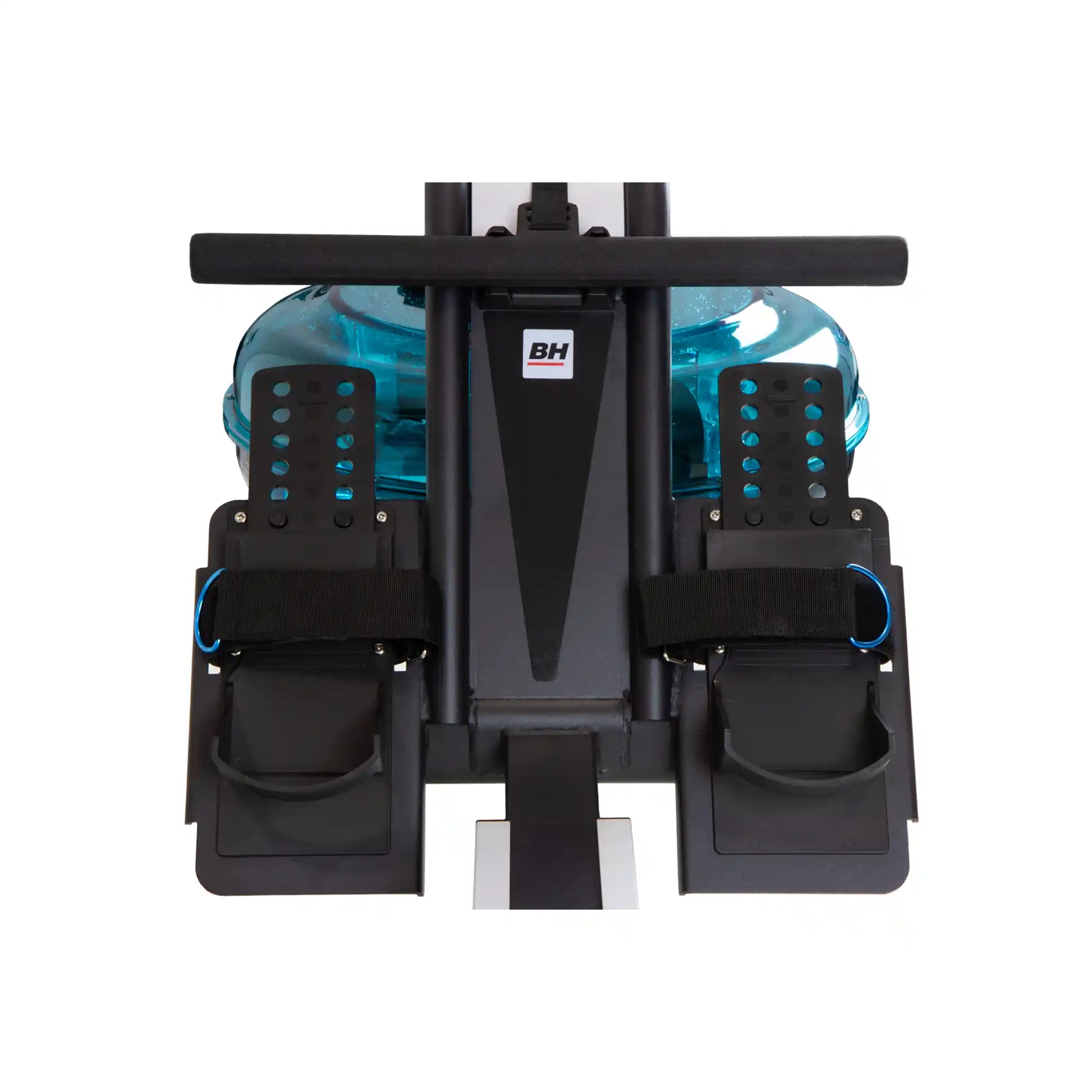 Black and blue rowing machine with 'BH' branding on a white background