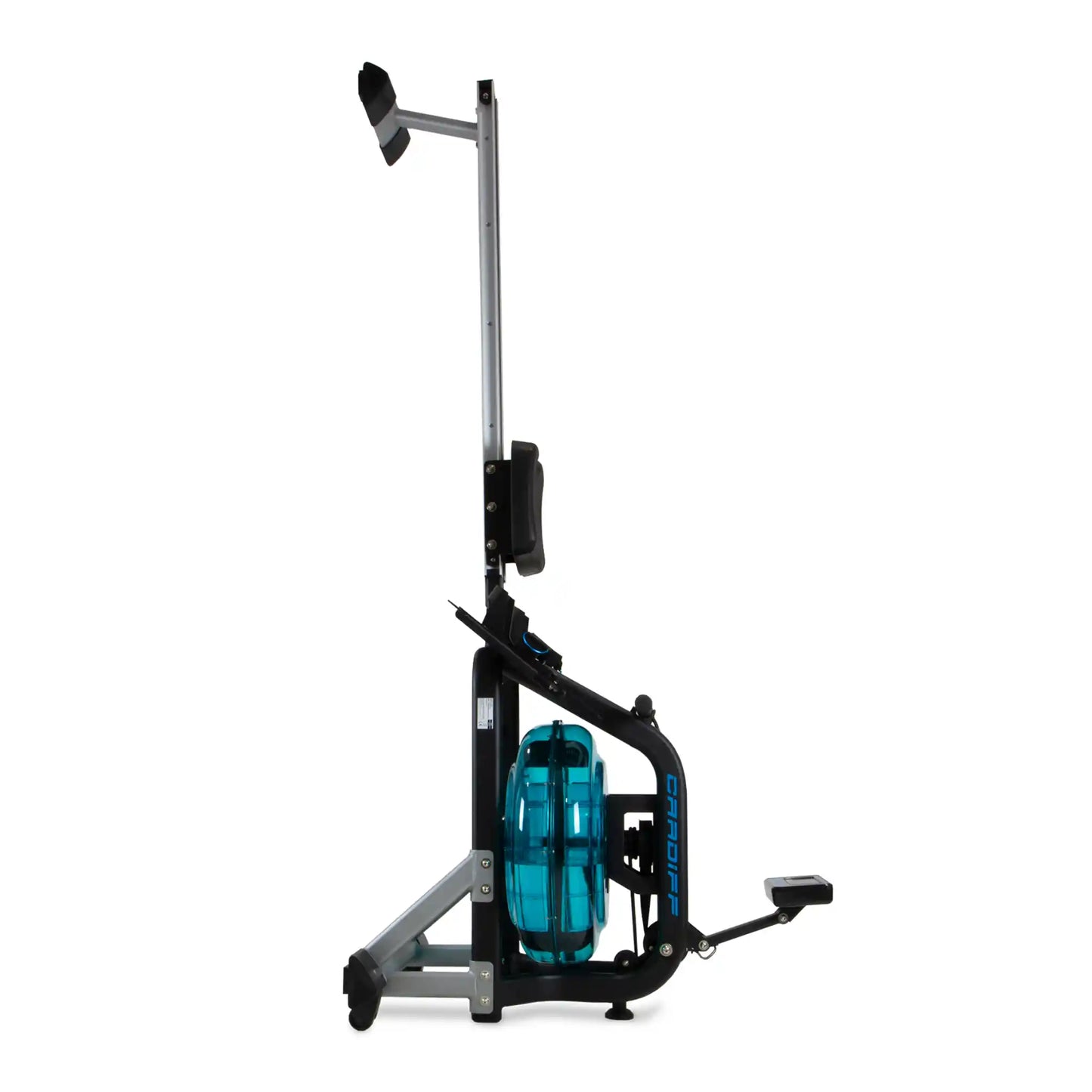 Cardiff branding rowing machine in a vertical storing position