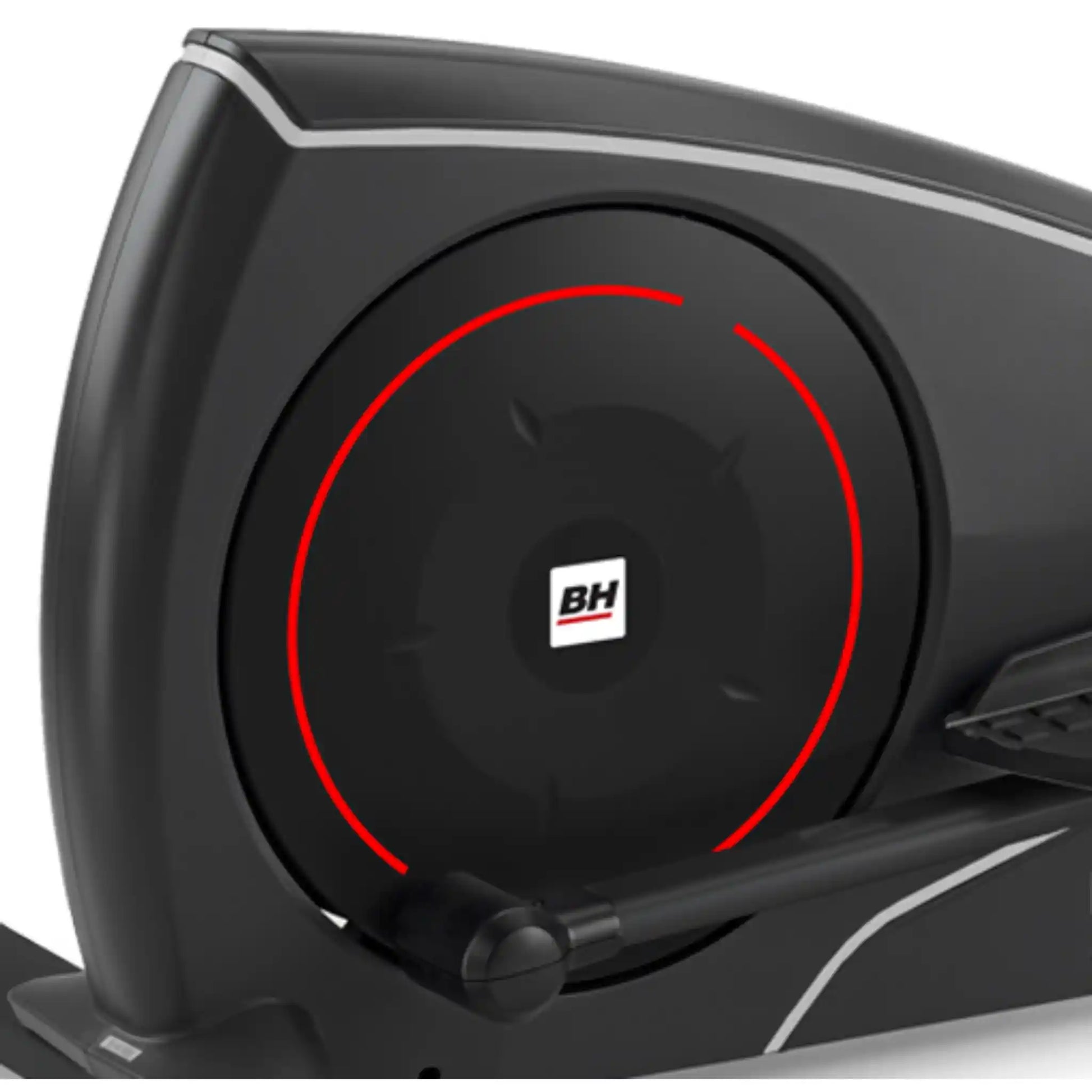 Close-up of a black cross trainer with red circular design and BH Fitness logo on a white background