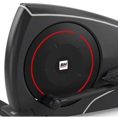 Close-up of a black cross trainer with red circular design and BH Fitness logo on a white background