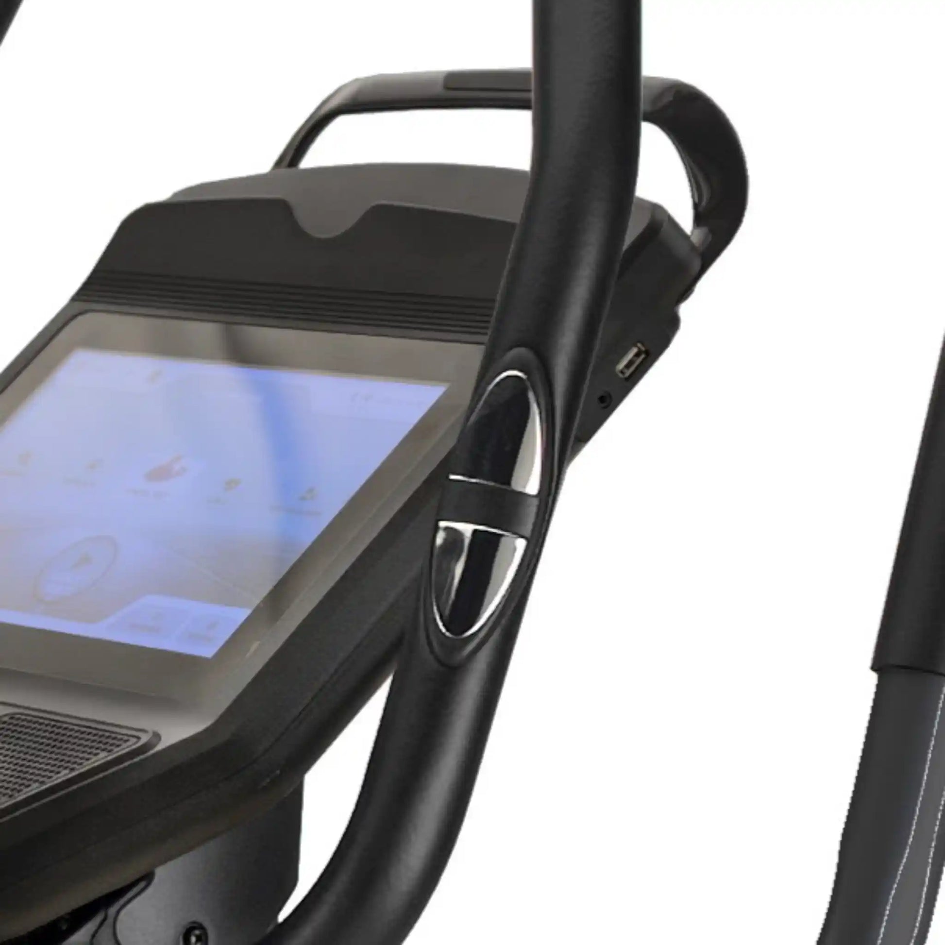 Close-up of a cross trainer multimedia screen and handle on a white background
