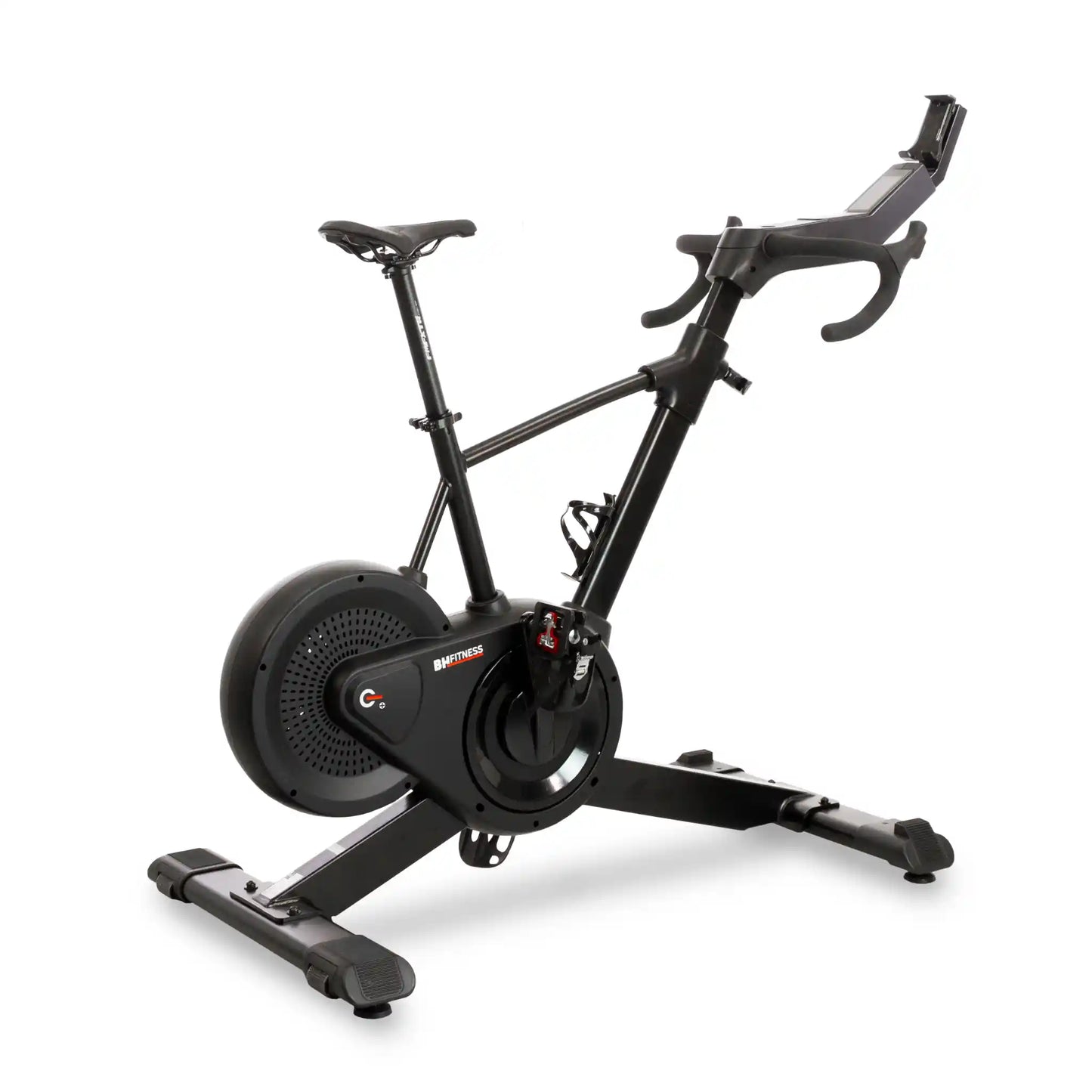 Black exercise bike on a white background