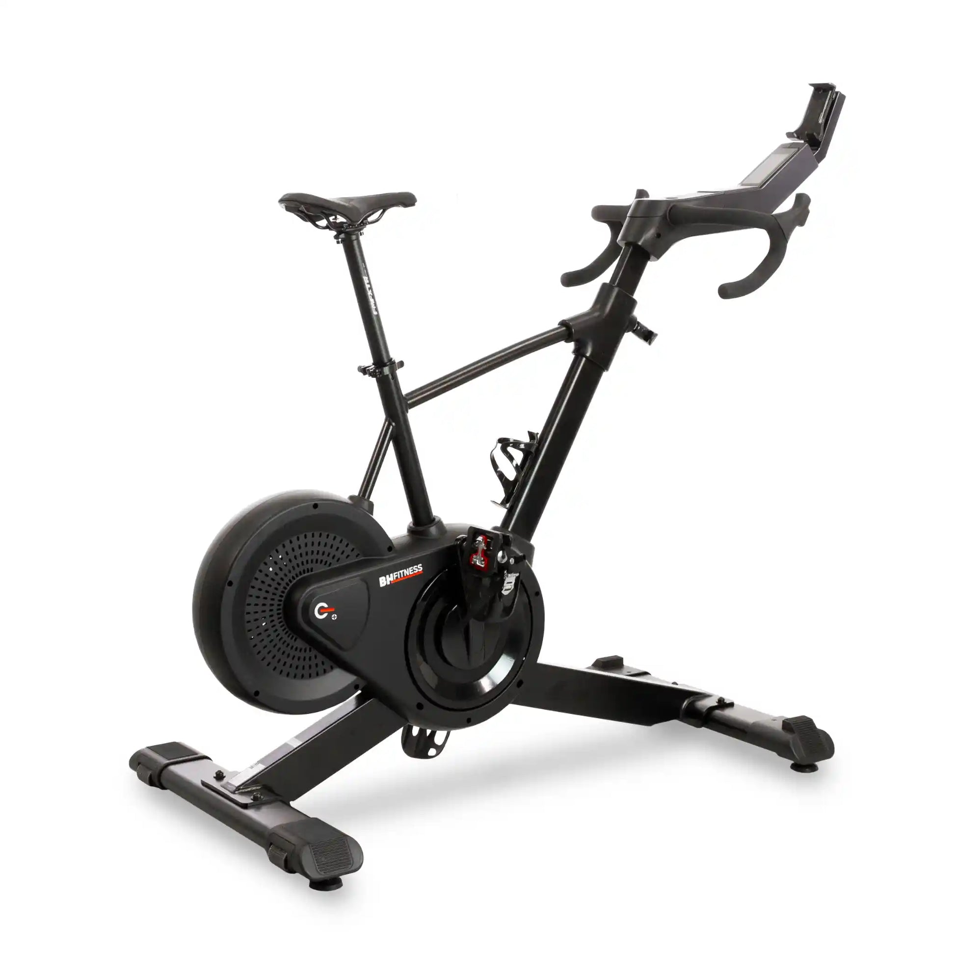 Black exercise bike on a white background